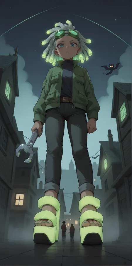 score_9, score_8_up, score_7_up, score_6_up, source_anime,
wide angle, standing, low angle, foot focus,
standing,
holding a giant wrench as a weapon,
(glowing neon footwear:1.1),
(glowing neon hair:1.15),
1girl, leather pants, green short jacket, black and green hair, dreadlocks,
goggles, glowing green goggles,
(m3sh heels), platform footwear,
halloween scene, fog, haunted house, night,
green toenail polish,
embedding:zPDXLrl ,
embedding:zPDXL2 ,