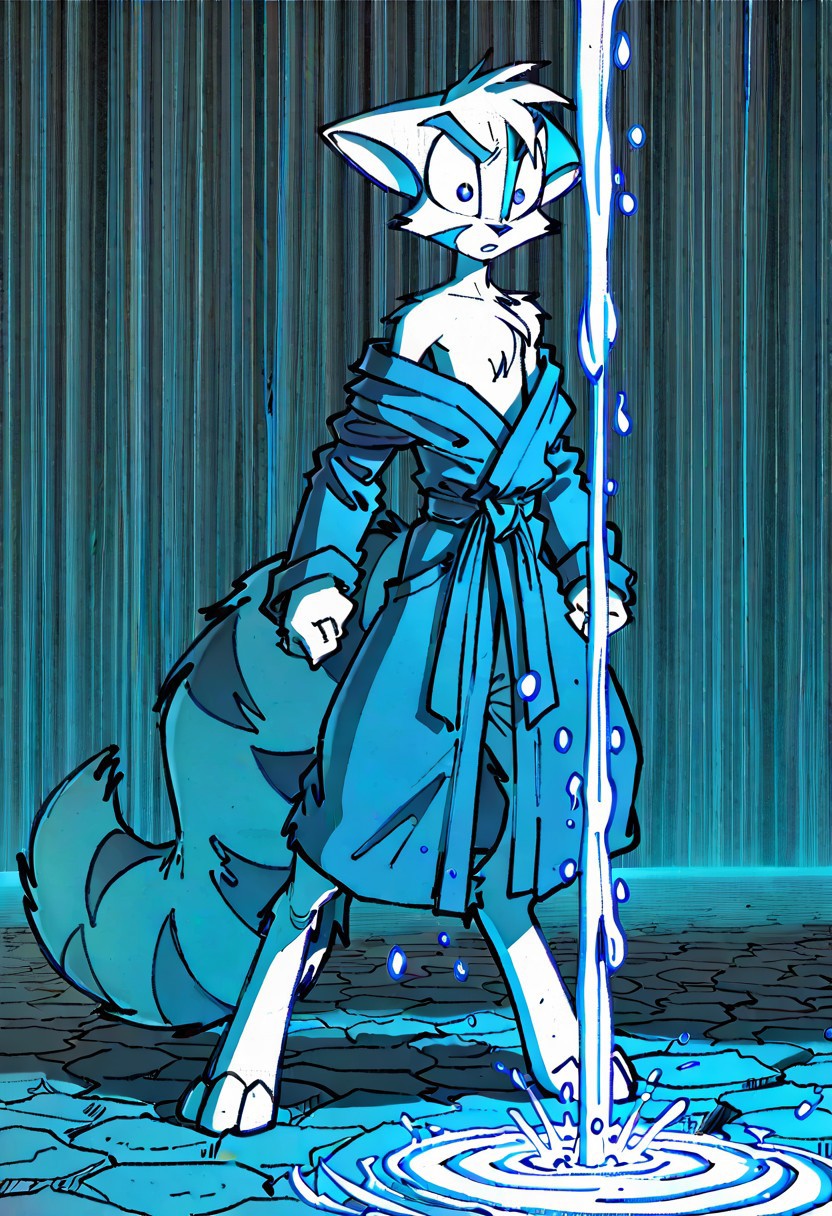 Mace, Dreamkeepers, 1boy, anthropomorphic, feline-like, white fur, spiky hair, masterpiece, best quality, chest fur, <lora:Dreamkeepers_Mace_Illustrious:0.8>,
,masterpiece, best quality, amazing quality, male, score_9, score_8_up, score_7_up, solo, no text, high detailed, high quality, masterpiece, no text, quality highlights, 8k detail, detailed background, ultra-detailed,  high quality, best quality, rendering, high resolution, best render quality, standing, facial features, white skin, Japanese Temple, medium bushy tail, male, detailed hair, narrow shoulders, one tone torso, two tone face, two tone tail, sexy, vibrant details, fluffy fur, blue eyes, wide curves, black nose, Blue and black robe, katana, serious expression, looking cool, rain pouring down, dark lighting, jumping a gap, intense expression, angry, determined, Odachi,