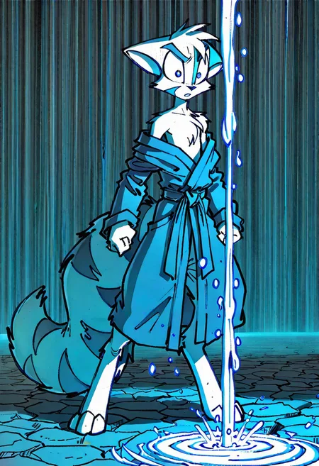 Mace, Dreamkeepers, 1boy, anthropomorphic, feline-like, white fur, spiky hair, masterpiece, best quality, chest fur, <lora:Dreamkeepers_Mace_Illustrious:0.8>,
,masterpiece, best quality, amazing quality, male, score_9, score_8_up, score_7_up, solo, no text, high detailed, high quality, masterpiece, no text, quality highlights, 8k detail, detailed background, ultra-detailed, high quality, best quality, rendering, high resolution, best render quality, standing, facial features, white skin, Japanese Temple, medium bushy tail, male, detailed hair, narrow shoulders, one tone torso, two tone face, two tone tail, sexy, vibrant details, fluffy fur, blue eyes, wide curves, black nose, Blue and black robe, katana, serious expression, looking cool, rain pouring down, dark lighting, jumping a gap, intense expression, angry, determined, Odachi,