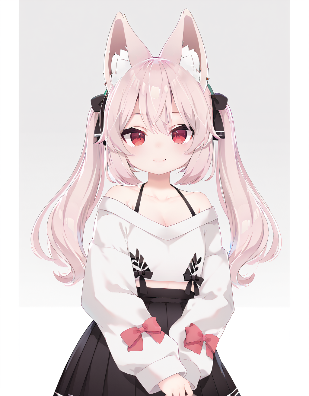score_9, score_8_up, score_7_up,source_anime,1girl  <lora:Karin_Pony_V1:1>,solo,(vrchat karin),red eyes,white puffy long sleeves,off shoulder,pink hair, black bow, pink bow,black skirt,black socks,white footwear,(bwf),smile, upper body,