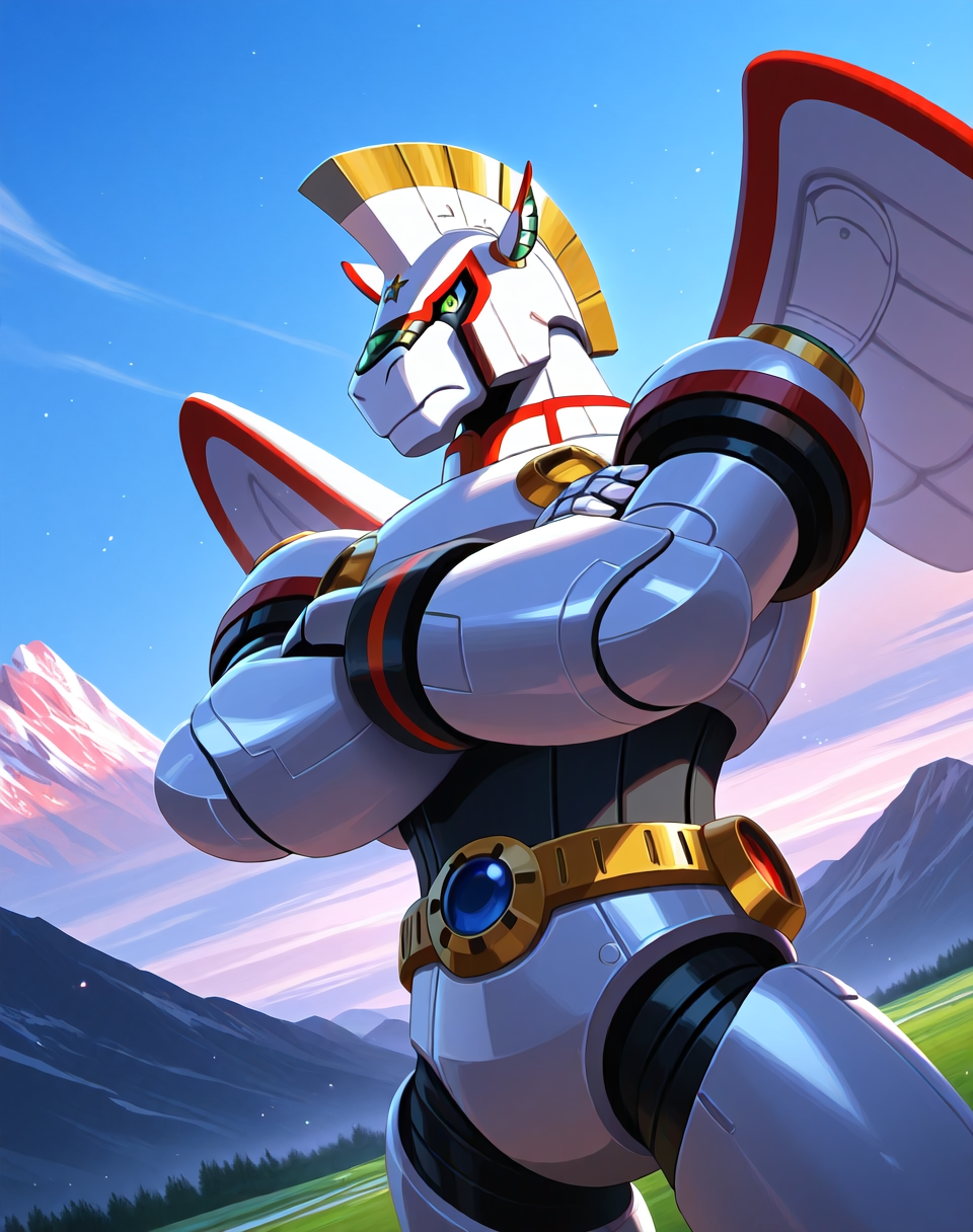 <lora:Spiral_Pegasus_(Mega_Man_X)_(Illustrious)_(AD):1> Spiral Pegasus, reploid, MMX, 
exterior, blue sky with clouds, mountain valley, grassy valley,
dutch angle, dynamic action, cowboy shot,
male focus, intense shadows, dynamic shadows, intricate details, attention to details, gradient coloring, robot, bright vivid colors, deep metallic colors, glossy metal body, arms crossed, 
BREAK very awa, masterpiece, best quality, amazing quality, very aesthetic, highres, absurdres,
EZRealPONYXL, zPDXL, Smooth Quality, lazynsfw,