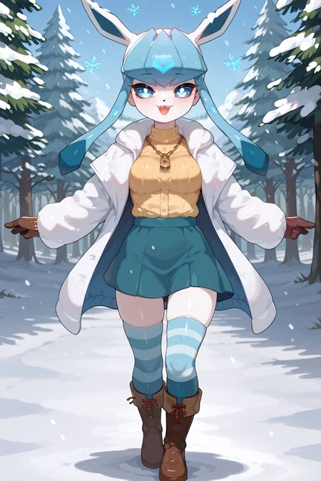 score_9, score_8_up, score_7_up, score_6_up,source_anime,<lora:add-detail-xl:1>,<lora:Expressive_H:0.8>,BREAK,
,<lora:drunkoak.pony:1>, drunkoak, glaceon, warm coat, skirt, striped thighhighs, boots, standing in snow, outdoors, snowing ,snowflakes, exited ,happy , looking up, night sky, snow covered trees, glowing blue eyes, bright eyes,thigh gap,