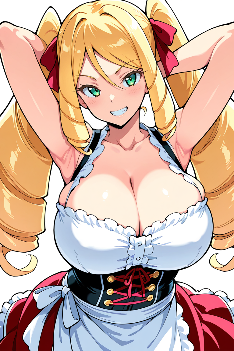 masterpiece , source_anime  , 1girl, blonde hair, green eyes, solo, breasts, drill hair, , , skirt, , twintails, , long hair, , , huge breasts, , , smile , , dirndl, bare shoulders , hands behind head, armpits , teeth