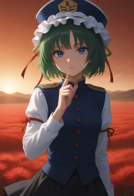 1girl, solo, solo focus, highres, absurdres, shikieiki, green hair, frilled hat, blue eyes, blue headwear, short hair,
long sleeves, black skirt, white shirt, blue vest, red ribbon, epaulettes, small breasts, arm ribbon, buttons, 
looking at viewer, head tilt, expressionless, hand up, 
red spider lily, flower field, red sky, backlighting,
