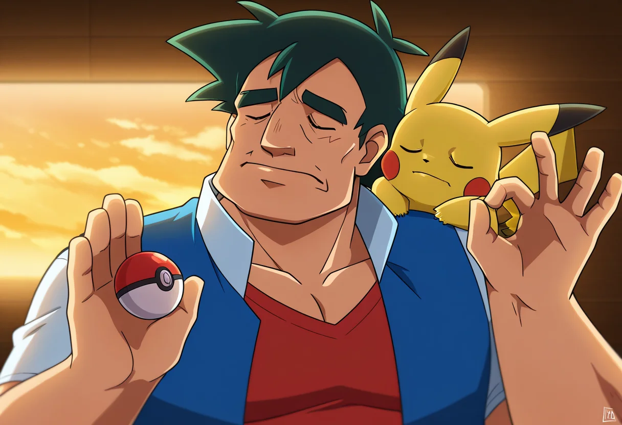 masterpiece, high quality, p4ch4, hands up, ok sign, closed eyes, closed mouth, facing to the side, 2boys, BREAK male focus, solo, thick eyebrows, manly, ash ketchum, holding pokeball, BREAK pikachu, pokemon,