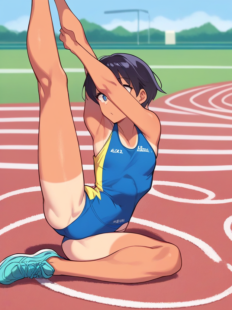 score_9,score_8,score_7,source_anime,rating_safe,skinny teen girl,<lora:rikujou02:1>,rikujou02,tanlines,track and field,stretching,one leg up,sitting,