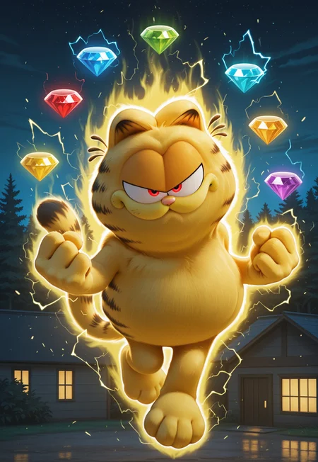 masterpiece, best quality, newest, absurdres, highres, perfect anatomy, 1boy, no humans, garfield, (golden yellow fur:1.5), red eyes, cat ears, whiskers, clenched hands, fight stance, full body, floating, looking at viewer, serious, sup3r, aura, raised fur, raised whiskers, gold aura, electricity, gems, floating gems, green gemstone, red gemstone, blue gemstone, purple gemstone, white gemstone, yellow gemstone, cyan gemstone, ((realistic)), night, outside, tree, house,