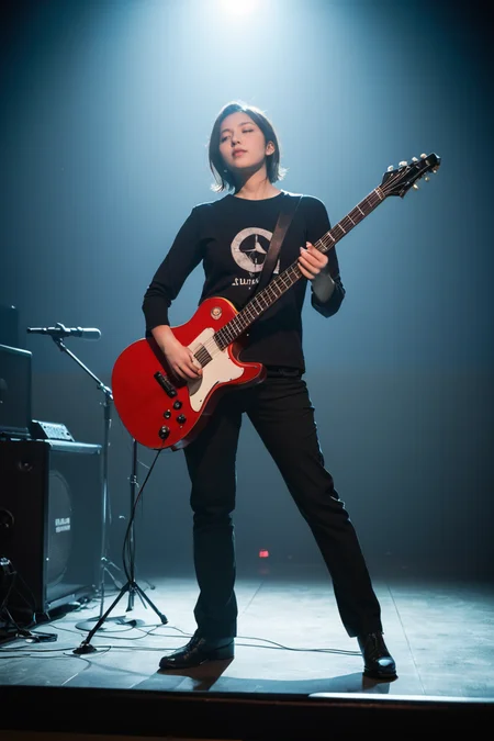 score_9, score_8_up, score_7_up BREAK photo, realistic BREAK silhouette of a young male guitarist singing into a microphone onstage, vibrant blue stage lighting, electric guitar in hand, foggy atmosphere, aged around 25, medium build, live concert setting, western nationality, concert photography with dramatic lighting, inspired by the aesthetic of live performance photography, masterpiece,