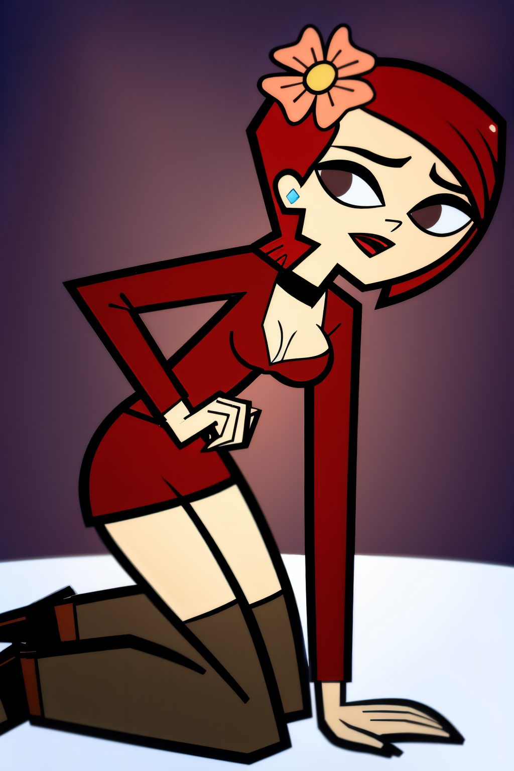 in the Bedroom, (Realistic:1.5) 1girl, solo, open mouth, cleavage, medium breasts, full body, red hair, hair flower, black choker, brown eyes, Black blazer with dress pants <lora:EdobZoeyTotalDrama_v1.0:0.8>