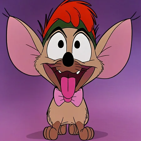 Tito, Beige Body, Beige Fur, Whiskers, Feral, Chihuahua, Black Nose, Red Hair, Green Headband, (((wearing pink bow tie))), excited, (((sticking tongue out))), (((taunting)), (((laughing at viewer))), (((front view))), (((full body view)))