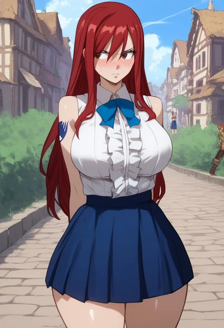 (score_9, score_8_up, score_7_up, high quality, best quality, ultra-detailed, very aesthetic, illustration, perfect composition, intricate details, absurdres, high res image, masterpiece, vibrant colors, beautiful face, detailed face, 1girl, solo focus, perfect eyes, detailed eyes), erza scarlet, Erza_Scarlet, long hair, red hair, hair between eyes, brown eyes, pale skin, thighs, perfect body, voluptuous, large breasts, curvy body, narrow-waisted, wide hips, (skirt, shirt, bow, boots, sleeveless, sleeveless shirt, tattoo, white shirt, frills), (blushing, embarassed, looking to the side, looking away, hands behind back), (fantasy, outdoors, town, park)