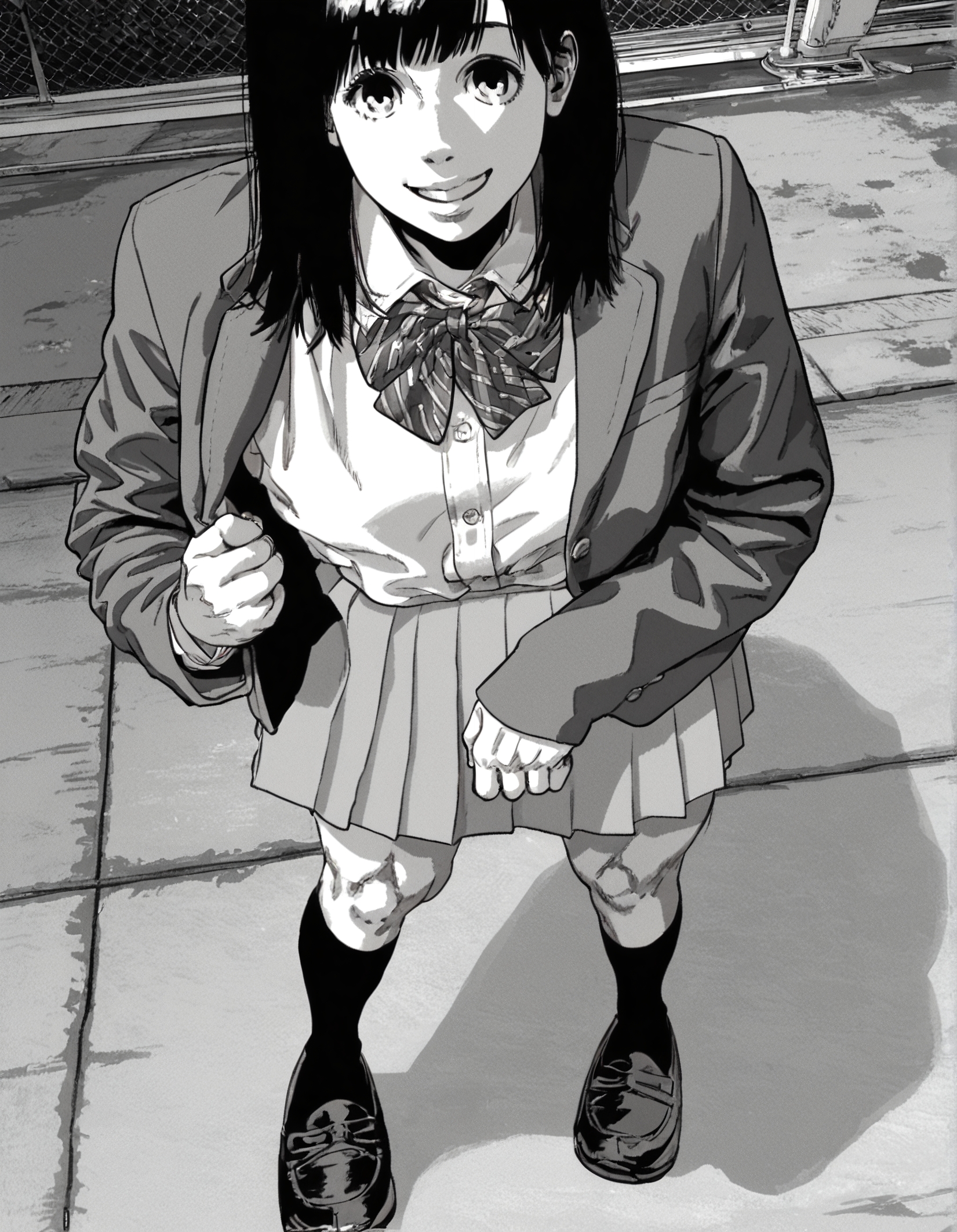 score_9, score_8_up, score_7_up,score_6_up,high resolution,mtskyamd,1girl,monochrome,grayscale,black hair,long hair,bangs,school uniform,jacket,bowtie,skirt,socks,shoes,smile, volumetric lighting,rim lighting,dof,dramatic shadow,front view,standing,in street,kneeling