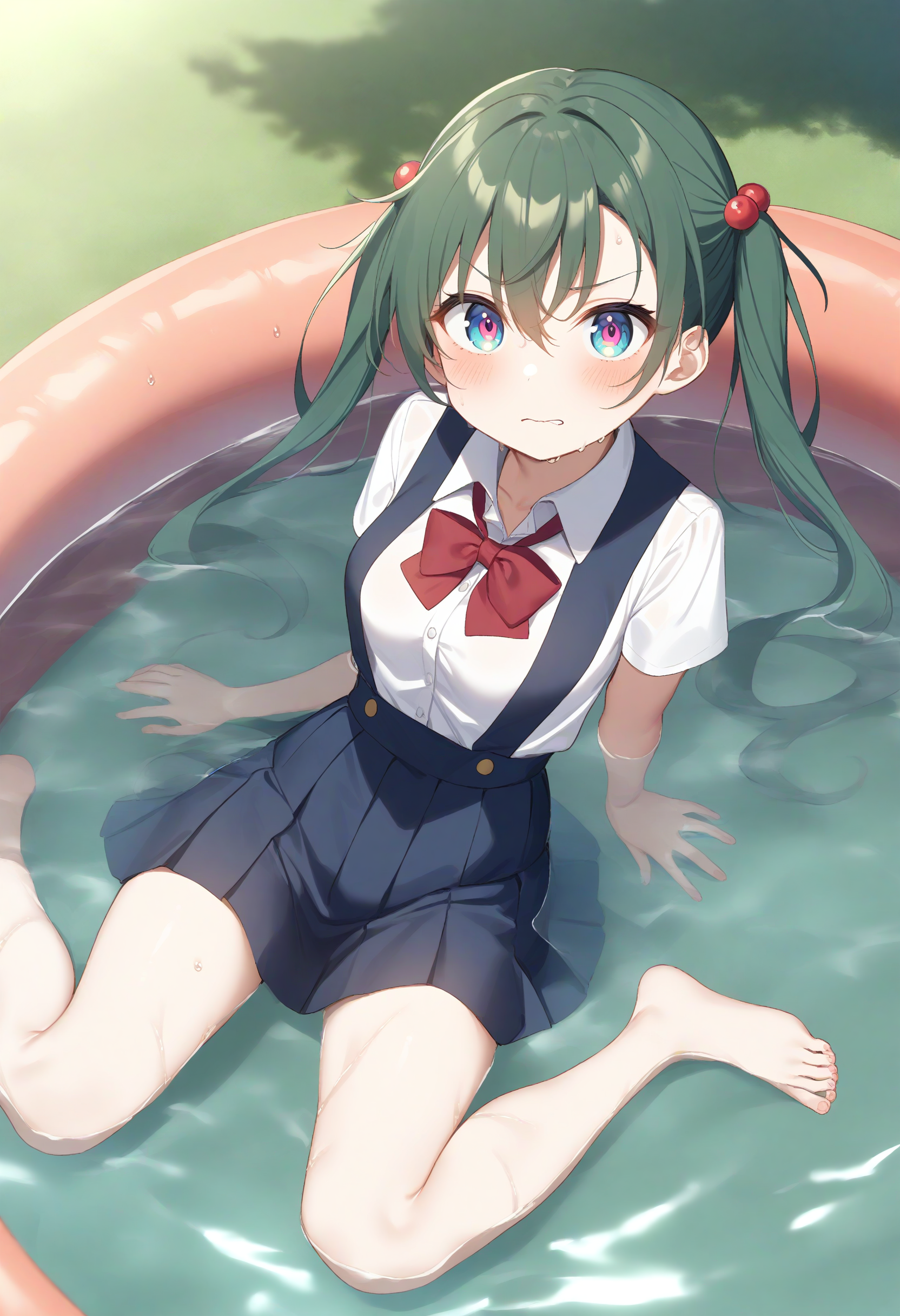 1girl,sincos, ningen mame, toosaka asagi,solo,medium breasts,school uniform,
wading pool,partially submerged,water,wet,outdoors, hose,barefoot, day,lying,<lora:wadingpool_XL_v1:0.8>
from above, cowboy shot, looking up, green hair, pink eyes,grimace, closed mouth, twintails hair,,
best quality, very aesthetic, absurdres