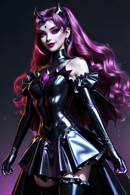 EvlSM, MEvil, Bad_End_Precure, DarkPrecure, adult, evil corrupted princess wearing dark pastel (ruffled:1) (gleaming latex:1) gown with (long latex cape:1) and latex elbow gauntlets, soft lighting, ruffles,
(red eyes, colored skin, glowing eyes, evil smile),
(makeup, lipstick, mascara, eyeshadow),
<lora:more_details:0.5>,