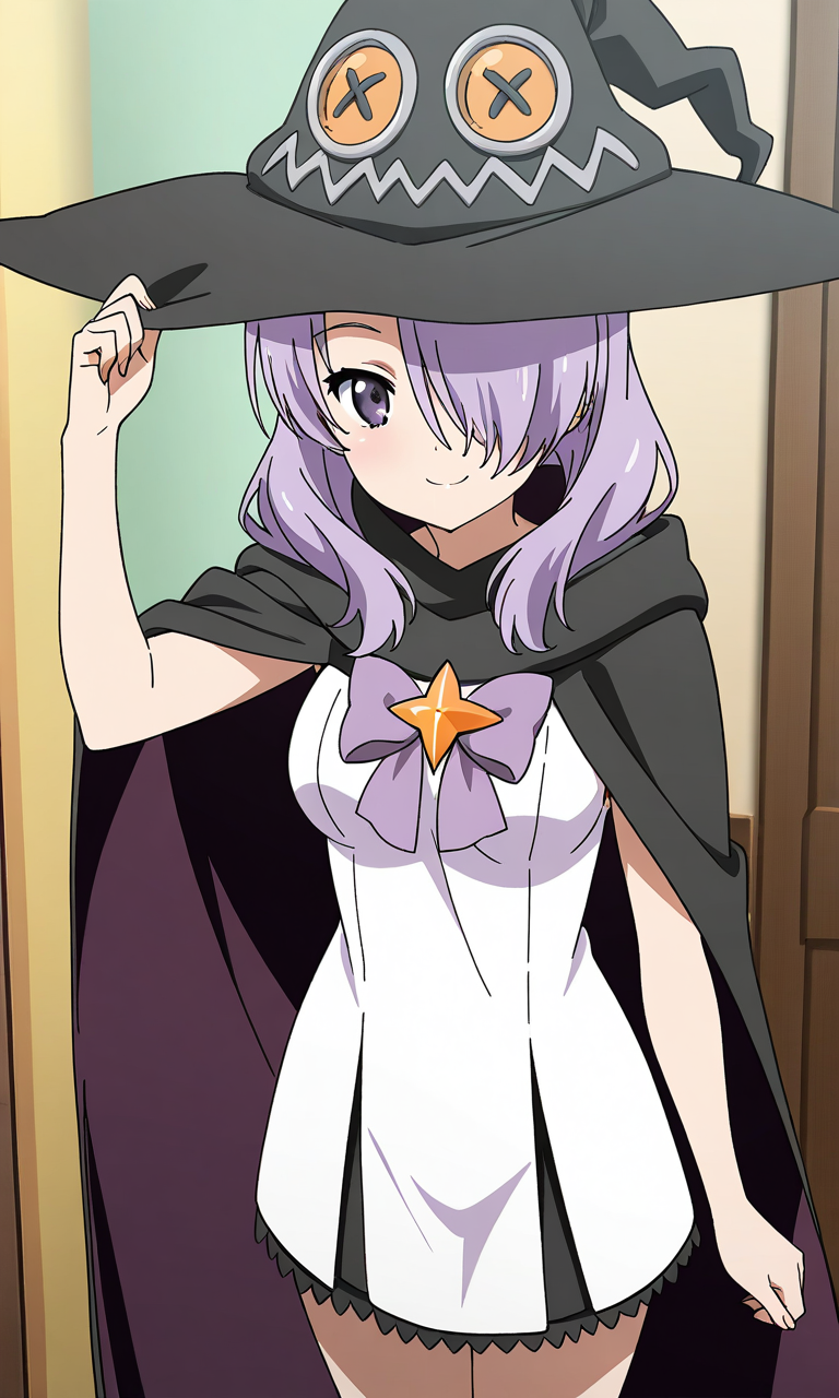 masterpiece, best quality, good quality, <lora:Nanako_Houkago_no_Pleiades_IS:0.9>
Nanako(Pleiades), 1girl, purple hair, hair over one eye, purple eyes, long hair, breasts, anime coloring, 
purple ribbon, hair over one eye, long hair, breasts, 1girl, solo, smile witch hat, looking at viewer, home in the room, cowboy Shot, white dress, black cloak,