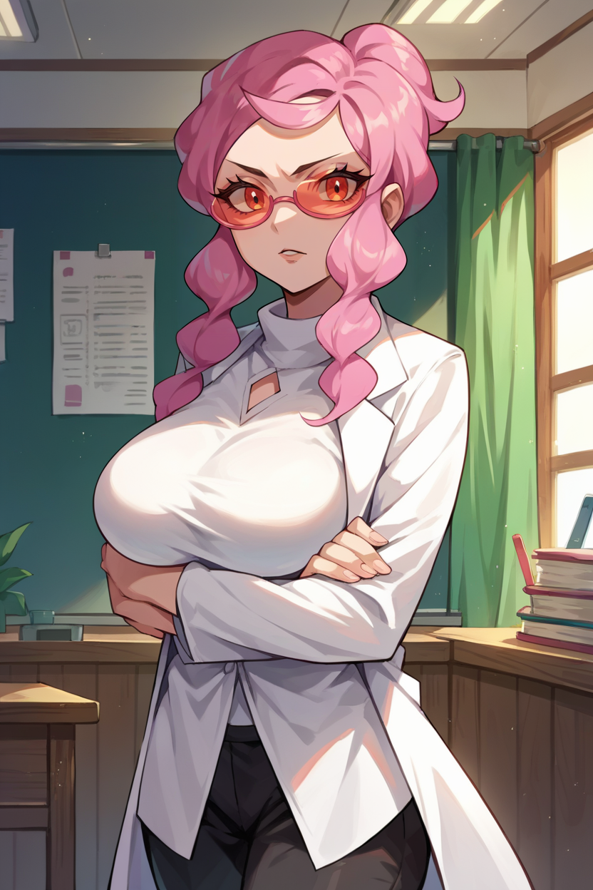 score_9, score_8_up, score_7_up, score_6_up, source_anime, 1girl, solo, <lora:pkmnmalva-pdxl-nvwls-v1-000008:1> malva, pink hair, short ponytail, tinted eyewear, labcoat, white shirt, black pants, looking at you, crossed arms, indoors, large breasts