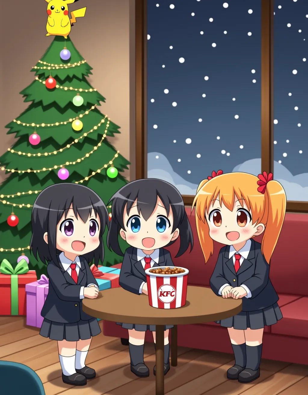 japanese anime christmas party, Christmas tree, cozy, an indoors anime scene of a christmas living room with warm lighting, a 2007 anime screencap of a Christmas Living Room during a japanese chirstmas party, a Chrismas tree in the corner with lights and elegant ornaments, colorfully wrapped christmas presents are under the christmas tree, at the top of the tree is a Pikachu tree topper, the scene is fun and colorful, Three happy young Anime girls at a Christmas Party around a Bucket of KFC fried chicken, the anime JC schoolgirls are wearing serafuku school uniforms, the girls each have different colored hair and different hairstyles, the blonde girl has blue eyes and twintails, the girl with black hair has long straight hair, the girl with orange hair has short hair in a bobcut style, the girls are gathered around a small table with a Bucket of KFC in the center, the young silly anime girls have happy expressions, it is snowy and cold outside the window, <lora:christmas living room-flux-lora:0.8>, cute chibi anime cell shaded