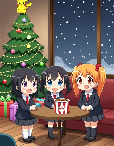 japanese anime christmas party, Christmas tree, cozy, an indoors anime scene of a christmas living room with warm lighting, a 2007 anime screencap of a Christmas Living Room during a japanese chirstmas party, a Chrismas tree in the corner with lights and elegant ornaments, colorfully wrapped christmas presents are under the christmas tree, at the top of the tree is a Pikachu tree topper, the scene is fun and colorful, Three happy young Anime girls at a Christmas Party around a Bucket of KFC fried chicken, the anime JC schoolgirls are wearing serafuku school uniforms, the girls each have different colored hair and different hairstyles, the blonde girl has blue eyes and twintails, the girl with black hair has long straight hair, the girl with orange hair has short hair in a bobcut style, the girls are gathered around a small table with a Bucket of KFC in the center, the young silly anime girls have happy expressions, it is snowy and cold outside the window, <lora:christmas living room-flux-lora:0.8>, cute chibi anime cell shaded