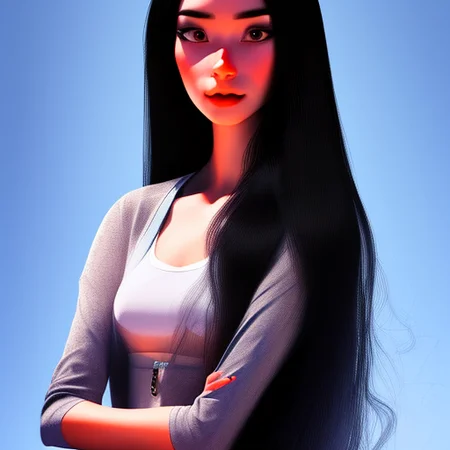 realism of a built, angular, Nervous Traditionalist woman, Stately, :o, with long black hair wearing cardigan vest , digital art, highly detailed, fine detail, intricate, outrun, vaporware