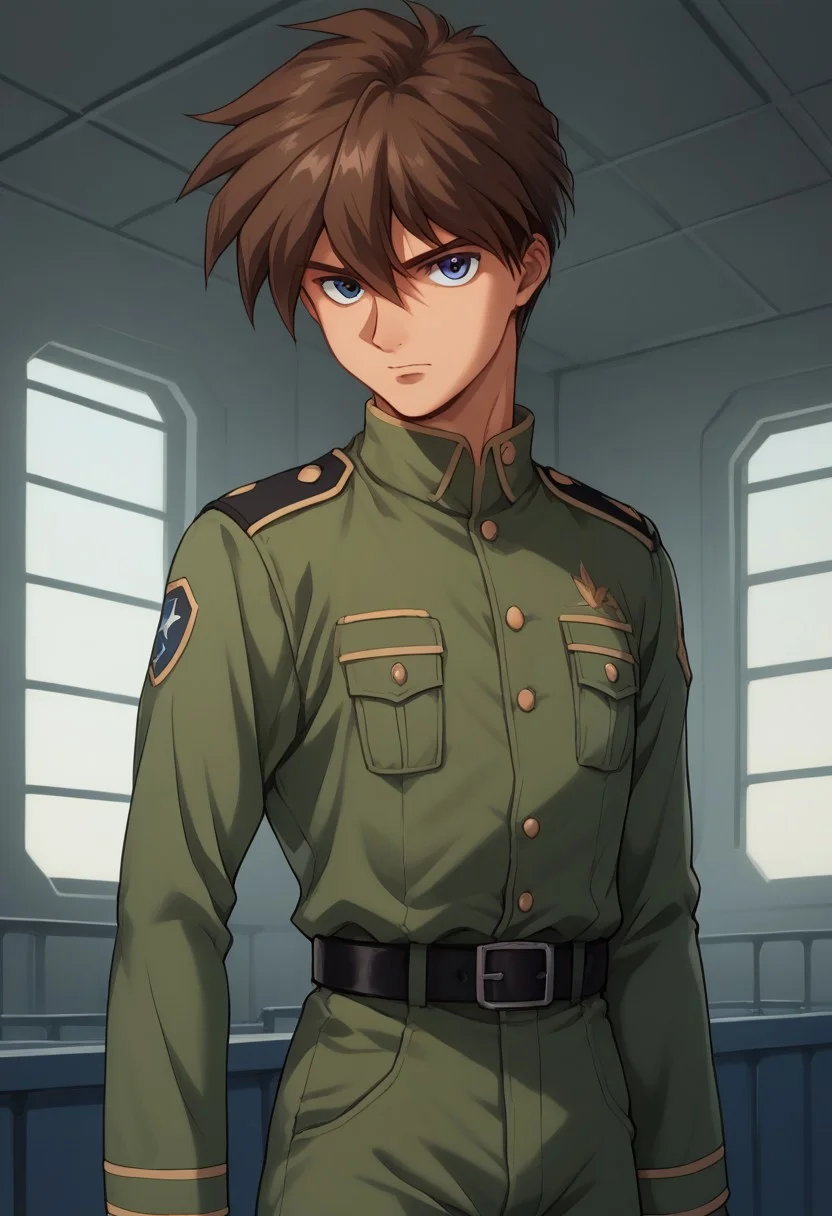 score_9, score_8_up, score_7_up, source_anime, highly detailed,
heeroyui, 1boy, solo, male focus, uniform, brown hair, blue eyes, military uniform, military, belt, clenched hands, parody, indoors, looking at viewer, long sleeves, pants, upper body,
indoor, hangar,