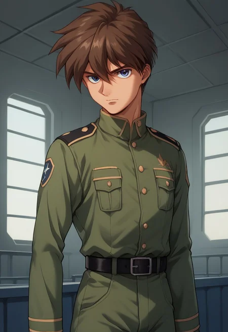 score_9, score_8_up, score_7_up, source_anime, highly detailed,
heeroyui, 1boy, solo, male focus, uniform, brown hair, blue eyes, military uniform, military, belt, clenched hands, parody, indoors, looking at viewer, long sleeves, pants, upper body,
indoor, hangar,