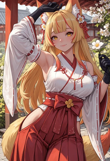 masterpiece, best quality, safe,
1girl,
very awa, fox girl, dynamic pose, eipc, solo, japanese garden, kimono, hair ornament, animal ears, holding flower, hakama, tail, detached sleeves, holding, red hakama, streaked hair, looking at viewer, yellow eyes, armpits, sidelocks, pleated skirt, nontraditional miko, gloves, blunt bangs, white flower, red skirt, flower, kyuubi, multicolored hair, blonde hair, skirt, animal ear fluff, black gloves, fox ears, white kimono, hip vent, virtual youtuber, wide sleeves, smile, long hair, arm up, fox tail