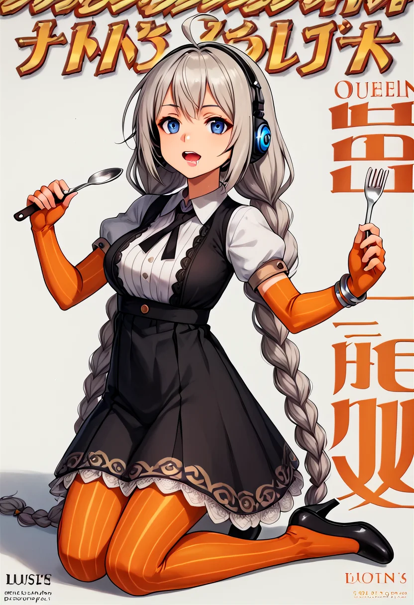 <lora:1_QB_Title_PONY_V1:1>(qb_title:1.2), (Title logo:1.2), Title Text, cover, zoom layer, Multi-layer, character name, author name, copyright name, watermark, simple background, white background, book cover, game cover,
1girl, solo, (full body), long shot, afterimage, look at viewer,
weapon, armor,
(Big fork, big spoon, fork is weapon, spoon is weapon, allusion to gluttony),
aroused,Drooling, hungry, open mouth,
(Kneeling pose ),(sitting),
<lora:KizunaAkari_MMD_Pony_V1:0.9>blue eyes, grey hair, ahoge, twin braids, braid, very long hair, hair ornament, hair tubes, headphones, headset,
black dress, lace-trimmed dress, short sleeves, puffy sleeves,
orange gloves, striped gloves, elbow gloves, fingerless gloves, bracelet,
orange pantyhose, striped pantyhose,
black footwear, high heels,
star print, star (symbol), vertical stripes,
(nsfw:1), (Uncensored:1), score_9, score_8_up, score_7_up, score_6_up, score_5_up, score_4_up,