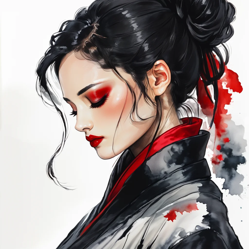 Score_9, score_8_up, score_7_up, score_6_up, BREAK <lora:Expressive_Watercolor_Ink_washPony:1> ArsMJStyle, Expressive Watercolor Ink Wash, The image is a watercolor painting of a woman's face. The woman has long dark hair tied up in a bun with a red ribbon tied around it. She is wearing a black jacket with a high collar and a red scarf around her neck. Her eyes are closed and her lips are painted with red lipstick. The background is white with a subtle texture of red and gray. The overall mood of the image is peaceful and serene., 1girl, solo, japanese clothes, makeup, black hair, kimono, red lips, closed eyes, profile, white background