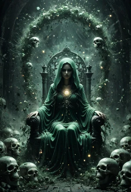 Digital art, concept art. the Queen of the Undead sits upon a Throne of skulls in a gloomy realm. Clad in dark green slit toga with silver ornaments and draped in canvas hoods, she exudes both seduction and danger. Faded flowers surround her, contrasting with her chilling presence. A glowing magical circle pulsates at her feet, bending the elements to her will. Her eyes, twin orbs of ethereal radiance, convey a depth of darkness and power that warns of impending doom to all who dare oppose her. Bokeh blur. Colorful. BadDream, DEVIL SPAWN, ais-darkpartz, OverallDetail,