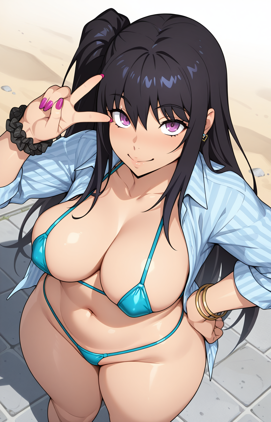 masterpiece,best quality,absurdres, amazing quality, Detailed face, Detailed skin, detailed eyes, high resolution, official art, 1girl, solo,<lora:watanabe wataru v5_epoch_14:1> w4t4n4be w4t4ru, gyaru, black hair, side ponytail, long hair, from above, standing, smile, micro bikini, thong, looking at viewer, looking up, navel, large breasts, v, curvy, outdoor, hand on own hip