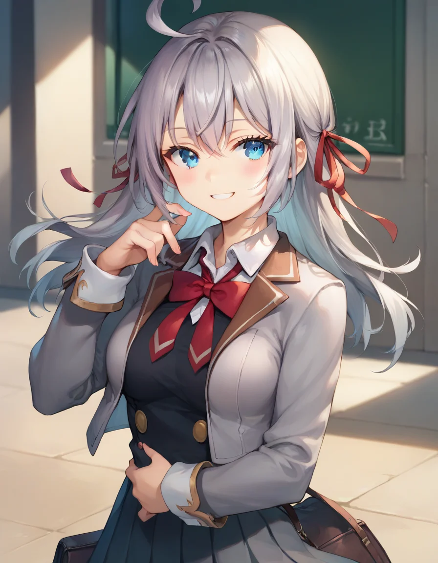 score_9,score_8_up,score_7_up,score_6_up,BREAK official art,solo,outdoors,upper body,(portrait:1.5),looking at viewer,facing viewer,smile,Alisa Mikhailovna Kujou,ahoge,long hair,grey hair,hair intakes,hair ribbon,red ribbon,sidelocks,hair between eyes,parted bangs,blue eyes,school uniform,grey jacket,cropped jacket,open clothes,open jacket,wing collar,red bowtie,black dress,pleated dress,double-breasted,collared shirt,white shirt,medium breasts,skindentation,long sleeves,zettai ryouiki,white thighhighs,loafers,brown footwear,<lora:Alisa Mikhailovna Kujou(tsrdta)-Pony:1.4>,<lora:Smooth Anime Style LoRA XL:0.8>,