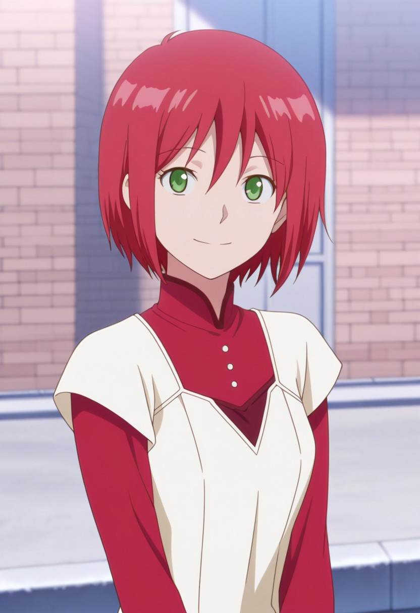 masterpiece,best quality,amazing quality, source_anime, 
shirayuki,1girl, solo, green eyes, red hair, short hair, shirt, red shirt, high collar, dress, white dress, short over long sleeves, outdoor, smile, looking at viewer, upper body,