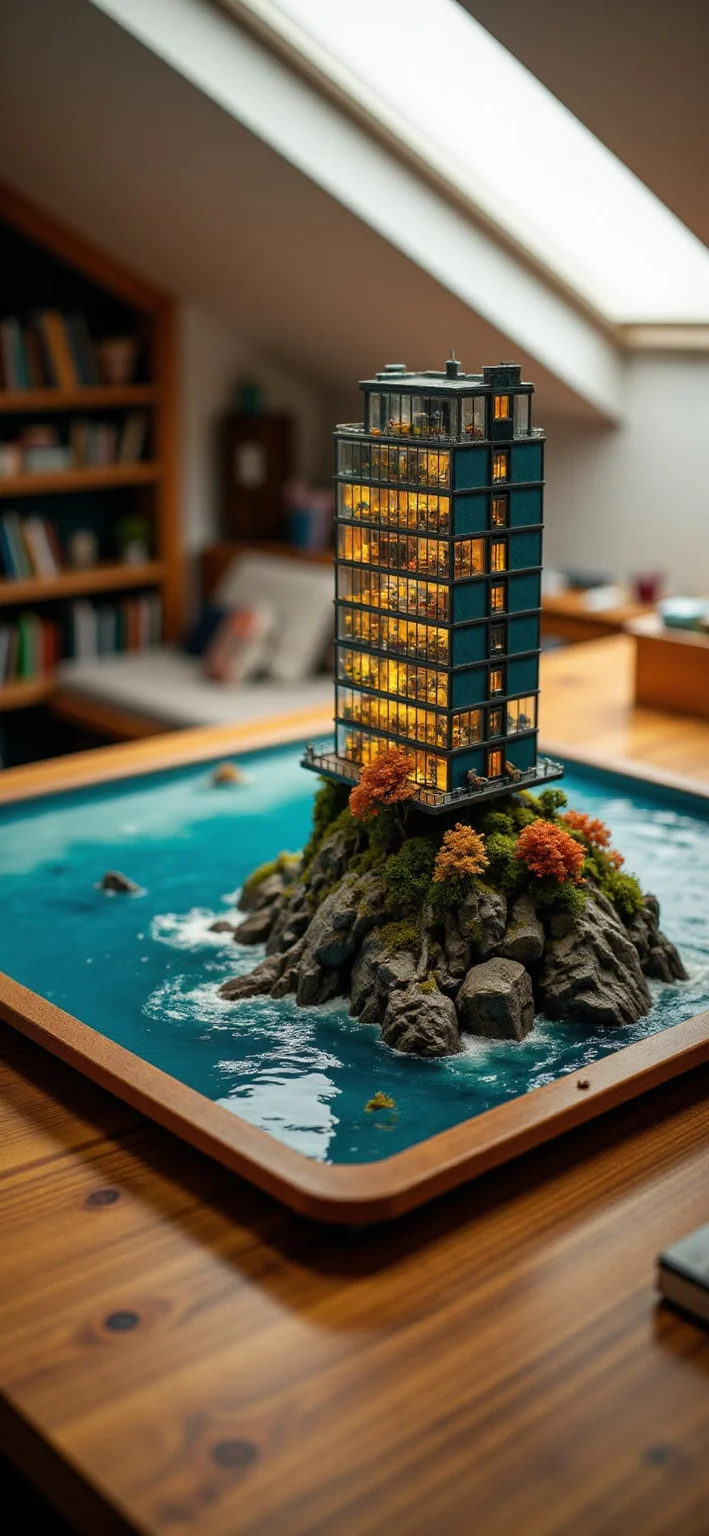 (indoors,indoor,isometric view,side view,tilt-shift lens:2), (fna_style,miniature,miniature,diorama,miniature,diorama,PVC,plastic:2),starry night (autumn:1.5) ,(forest:0.2),(colorful,Rust_Decay:2) (moss,ivy,(office building, apartment with glass:2)), sea,cliff in (wooden square plate:2), on (table:2) at (attic:2.5)   <lora:Fantasy_Novel_Art_Style:1> <lora:Rostpunk:0.3> <lora:Rust_Decay_flux_lora:1> <lora:JJsOfficeBuilding_Flux_r1:0.65>