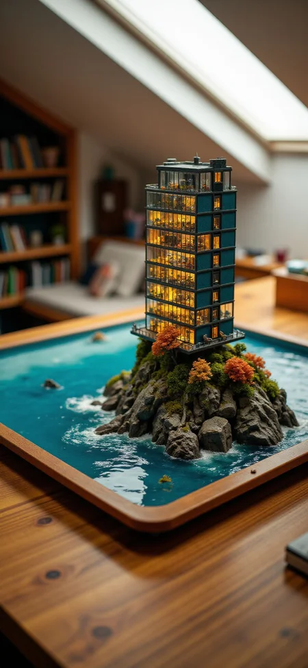 (indoors,indoor,isometric view,side view,tilt-shift lens:2), (fna_style,miniature,miniature,diorama,miniature,diorama,PVC,plastic:2),starry night (autumn:1.5) ,(forest:0.2),(colorful,Rust_Decay:2) (moss,ivy,(office building, apartment with glass:2)), sea,cliff in (wooden square plate:2), on (table:2) at (attic:2.5)   <lora:Fantasy_Novel_Art_Style:1> <lora:Rostpunk:0.3> <lora:Rust_Decay_flux_lora:1> <lora:JJsOfficeBuilding_Flux_r1:0.65>