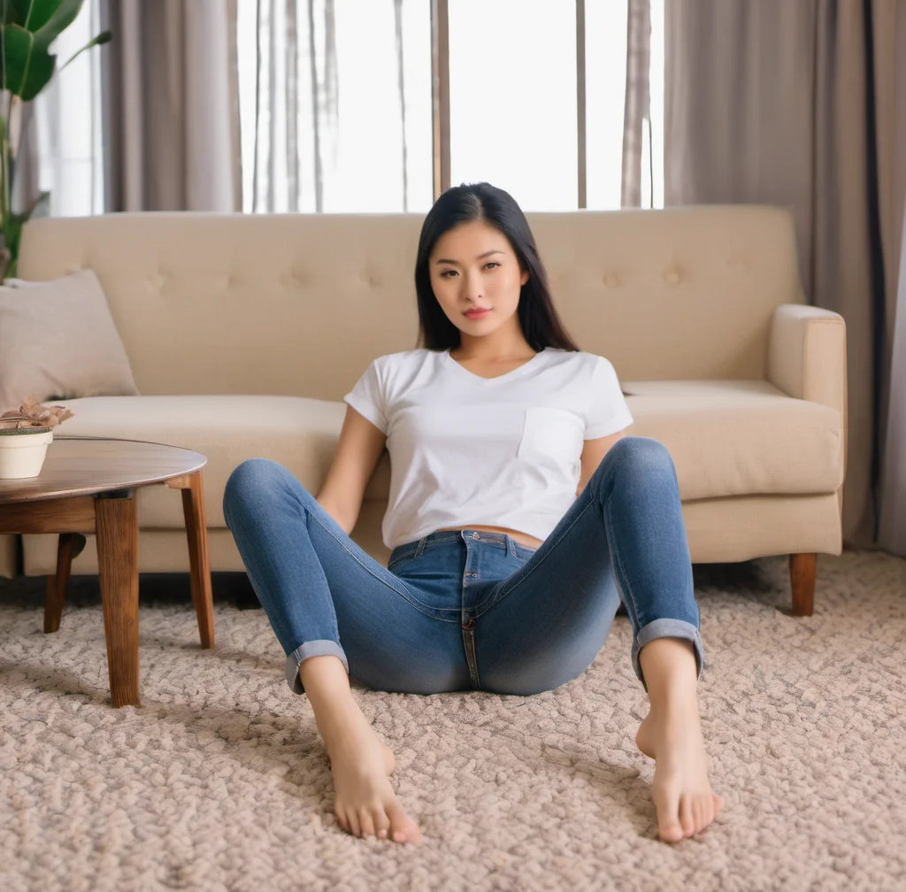 beautiful asian woman wearing jeans and a ((t-shirt)), feet apart , legs up, bare feet, <lora:woman_feet_apart:1>, hi detail, sharp focus, perfect lighting, awesome, dslr, 4k high quality. extra detail, extra sharp, magical, perfect moment, natural skin, pores