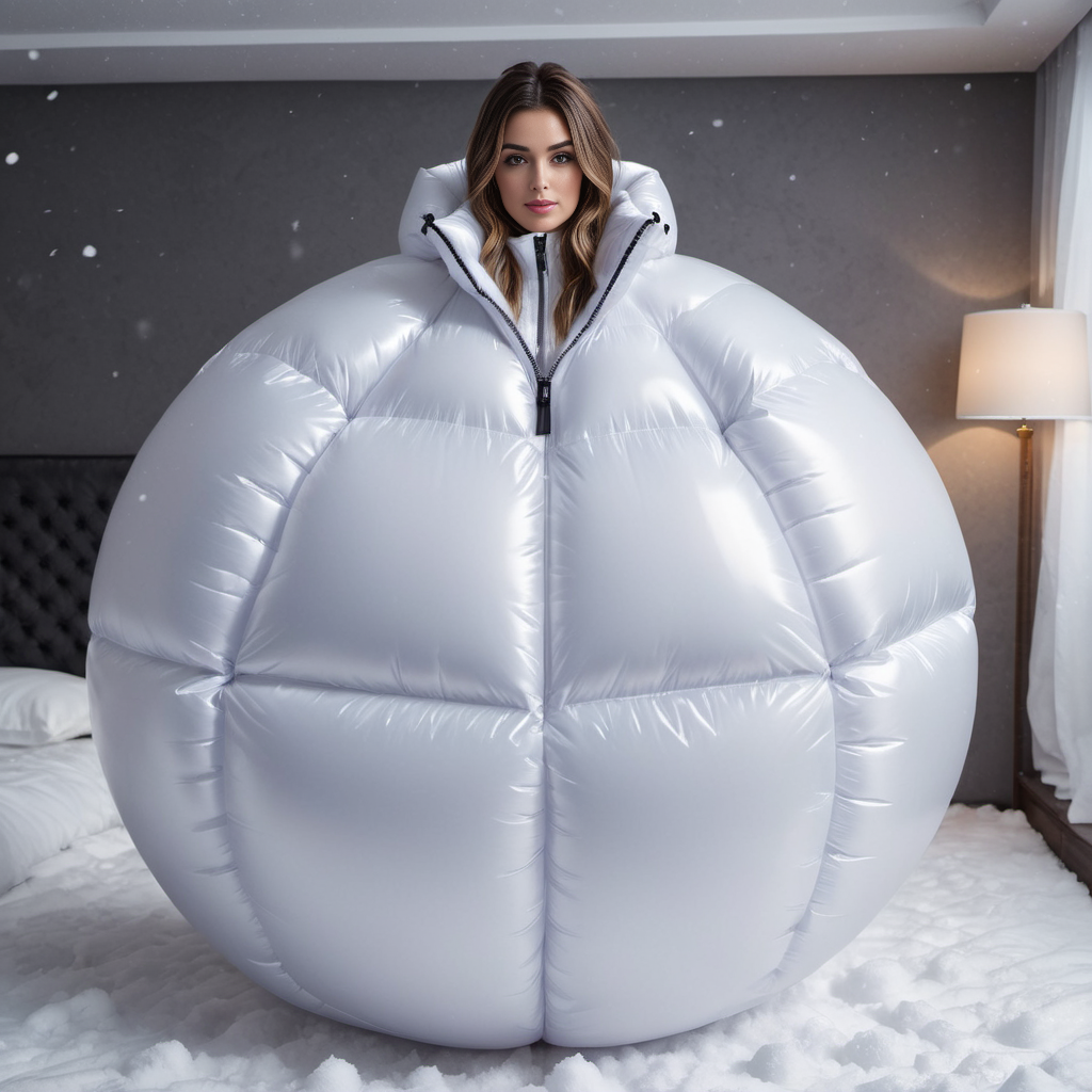 one cute american women wearing a large inflatable spherical downsuit puffer_downsuit , hyperdetailed photography,4k textures,intricate details,4k resolution,  <lora:puffer_downsuit_v1:0.4>, snow bedroom scene
 <lora:inflatablerubber:0.4>