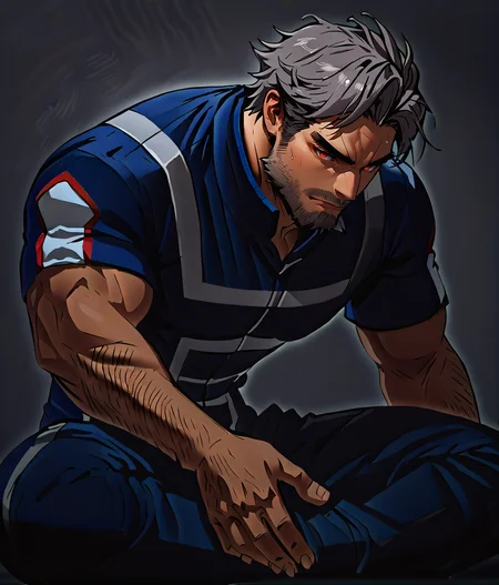 score_9, score_8_up, realistic, rating_questionable, bif, facial hair, beard,
<lora:ua-gym-uniform-ponyxl-lora-nochekaiser:1> ua gym uniform, u.a. gym uniform, blue track suit, blue pants, blue shirt, short sleeves,
<lora:face_Adray_Lasbard:1>, AdrayLasbard, mature male, grey hair, short hair, red eyes, facial hair, mustache, muscular, arm tattoos,
glossy skin, 1 muscular male, handsome, short hair, detailed background, bara,, mature,
<lora:egg_leonard-04:.4><lora:style_Concept Art DarkSide Style LoRA_Pony XL v6:1><lora:slider_skin tone slider_last:-1>,<lora:slider_Body Type_alpha1.0_rank4_noxattn_last:1>