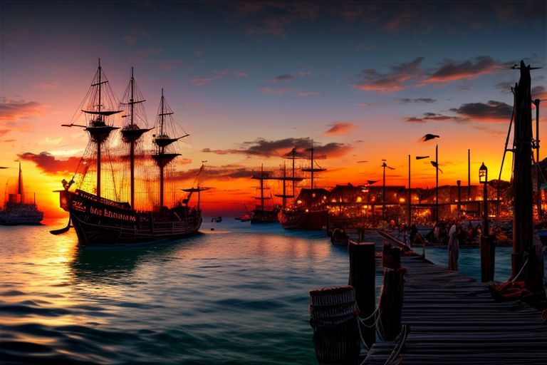 (masterpiece:1.2), (best quality,:1.2), 8k, HDR, ultra detailed, ((photorealistic)), perfect anatomy, professional light, cinematic lighting, fashion photography, ambient lighting, pire, ships, pier outside a tavern over looking a busy harbor in the caribbean, colorful sunset