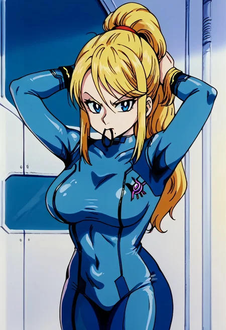 score_9, score_8_up, score_7_up, source_anime, flat colors, anime screencap, drgbls1, samusSDXL,1girl,blonde hair,blue eyes,long hair,ponytail,mole under mouth,zero zuit,bodysuit,skin tight,samus_aran, large breasts, <lora:hair-tie-in-mouth-ponyxl-lora-nochekaiser:1>, hair tie in mouth, hair tie, mouth hold, rubber band, indoors, spacecraft, interior of Ship, angry, tying hair, adjusting hair, hands in hair, arms up, arms behind head, ponytail, hand in own hair, hair lift, cowboy shot, looking at viewer,