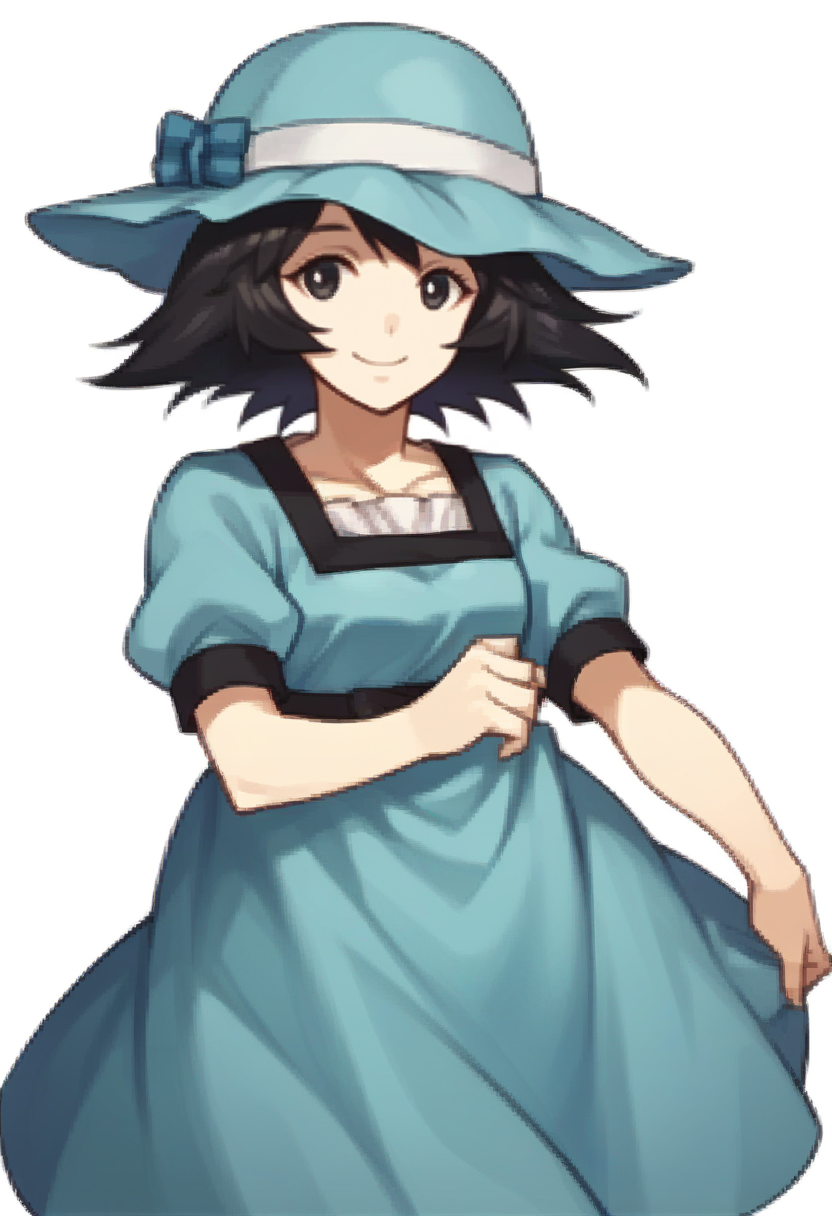 score_9, score_8_up, score_7_up, source_anime BREAK 1girl, solo,
<lora:zs_FEEchoesPortraitsXL:1> echoesportraits, cowboy shot,  solo, white background,
 <lora:steinsgate_shiina_ponyXL:1> shiina mayuri, black hair, hat, blue dress, short sleeves, smile