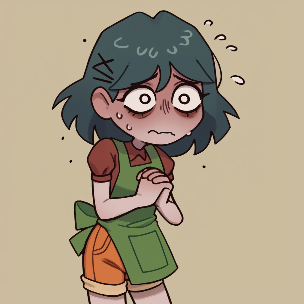 solo, Laceys_game, 1girl, orange_shorts, green apron, own hands together,  score_5_up, score_4_up, score_6_up, petshop, on side, inroom, nervous sweating,  <lora:Laceys_game:1.0>