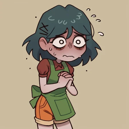 solo, Laceys_game, 1girl, orange_shorts, green apron, own hands together,  score_5_up, score_4_up, score_6_up, petshop, on side, inroom, nervous sweating,  <lora:Laceys_game:1.0>
