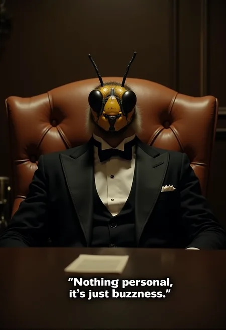 A bee in a black jacket, white shirt and bow tie sits at an expensive table in a leather chair, like a mafia godfather. The room is dimly lit. The caption at the bottom of the image reads: "Nothing personal, it's just buzzness"