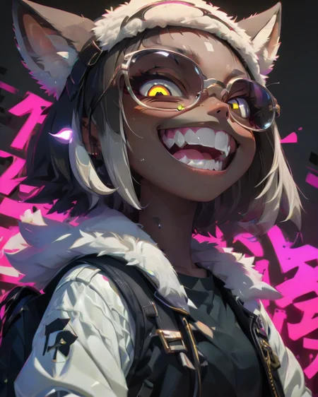 <lora:Punk_Anime_XL:1>,
smile, mole, black jacket, heterochromia, tinted eyewear, half-closed eyes, ear piercing, o-ring, fur trim, glowing, glowing eyes, shirt, backpack, pointy ears, white shirt, skirt, black serafuku, yellow background, bangs, dark skin