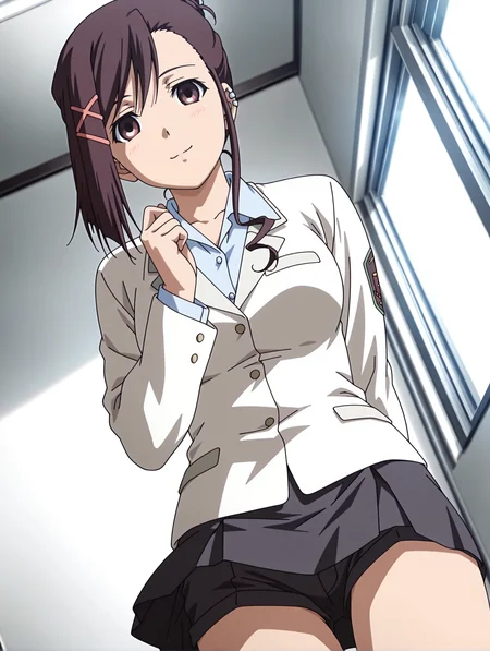 masterpiece,best quality,newest,
1girl,solo,
anime screencap,<lora:sakurai_kanade_ilxl_v1.0:1>,brown hair,single hair bun,x hair ornament,short hair,brown eyes,
k_clothes,uniform,white jacket,shirt,black skirt,black shorts under skirt,<lora:Fixhands_anime_bdsqlsz_V1:1>,front view,dynamic_angle,face_focus,kind_smile,white_background,simple_background,looking_at_viewer,cowboy_shot,