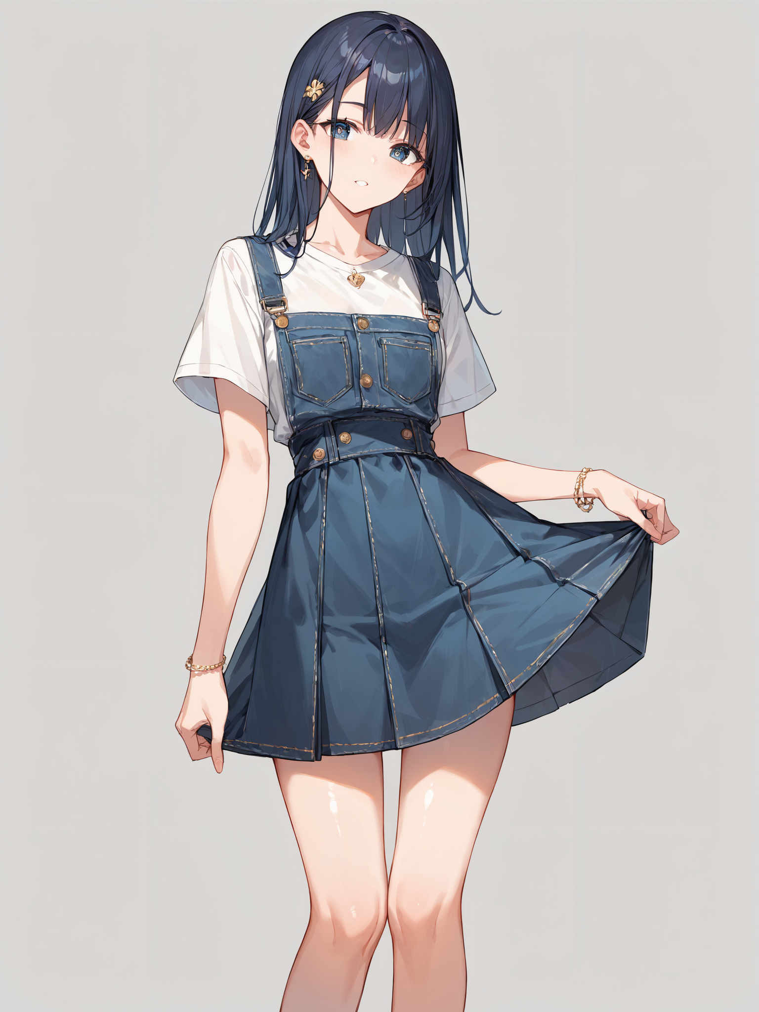 score_9, score_8_up, score_7_up,source_anime, high res image,masterpiece,best quality,girl,cute face,clear skin,shiny hair,ultra detailed eyes,simple background <lora:salopette_pony_V1.0:0.8> salopette, overall skirt