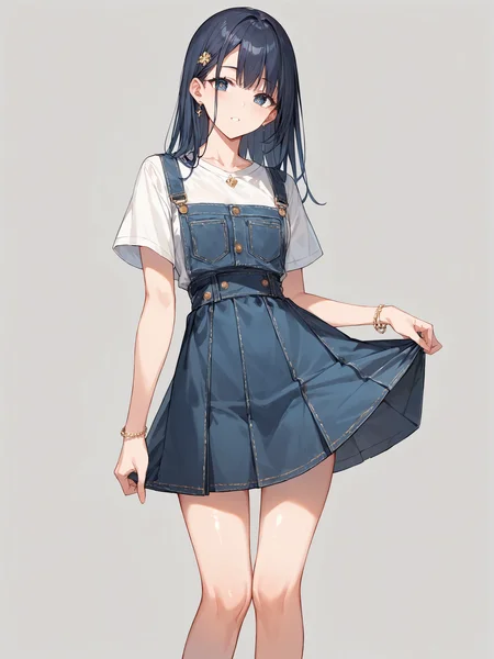 score_9, score_8_up, score_7_up,source_anime, high res image,masterpiece,best quality,girl,cute face,clear skin,shiny hair,ultra detailed eyes,simple background <lora:salopette_pony_V1.0:0.8> salopette, overall skirt