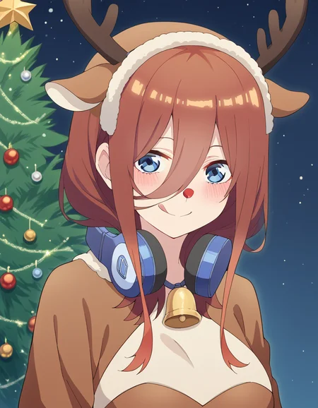 score_9, score_8_up, score_7_up, source_anime, <lora:miku-nakano-s2-ponyxl-lora-nochekaiser:1>, miku nakano, long hair, bangs, blue eyes, brown hair, hair between eyes, headphones, headphones around neck, large breasts,, <lora:reindeer-costume-ponyxl-lora-nochekaiser:1>, reindeer costume, animal costume, reindeer antlers, antlers, fake antlers, reindeer hood, christmas, red nose, deer ears, deer tail, christmas tree, bell, horns, reindeer,, blush, smile, tongue out, looking at viewer,,