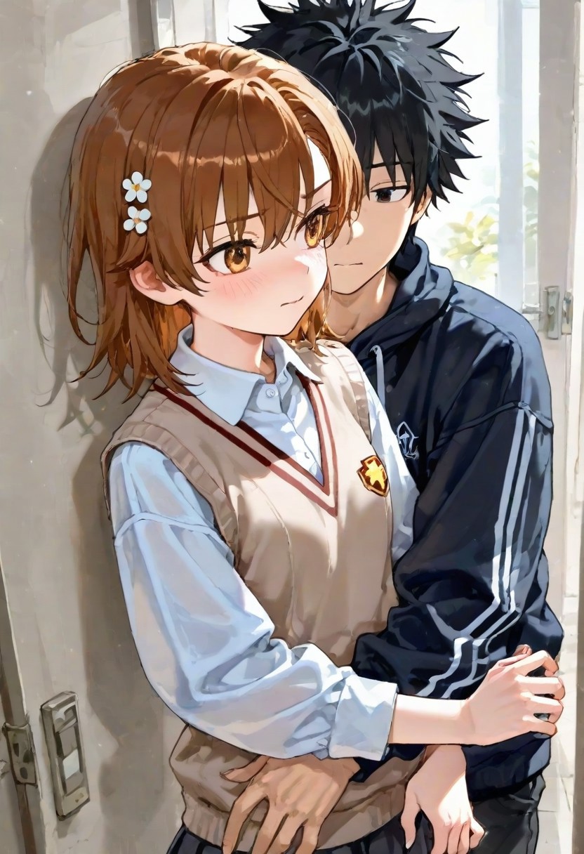masterpiece, best quality, newest, absurdres, highres, safe,, (artist:ningen_mame:0.9),(artist:sho_(sho_lwlw):0.9),(artist:fkey:0.7),(ciloranko:0.5), 
,1boy, 1girl, kamijou touma, misaka mikoto,
,,A World Morph in which everything is made of iron.,iron