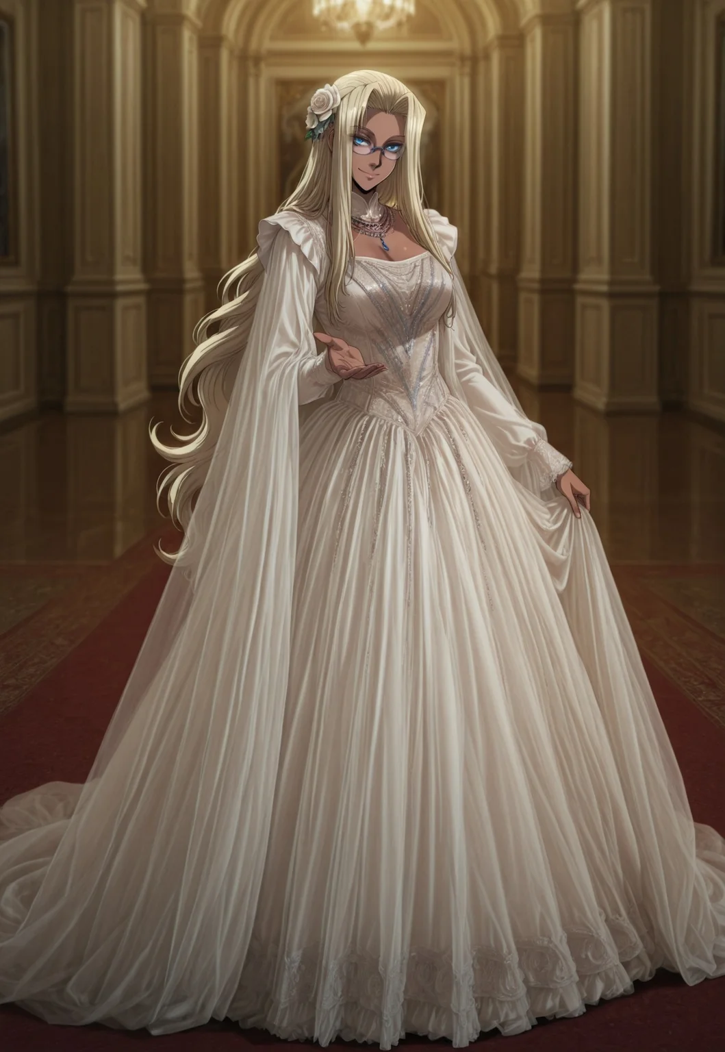 masterpiece,best quality,amazing quality, IntegraHellsing, 1girl, solo, blonde hair, very long hair, dark skin, blue eyes, glasses, gown, dress, beads, ballroom, smile, hair flower, offering hand, evening, dynamic pose, perspective
